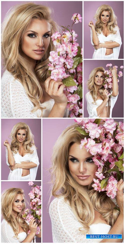 Beautiful blonde girl with flowers - female stock photos