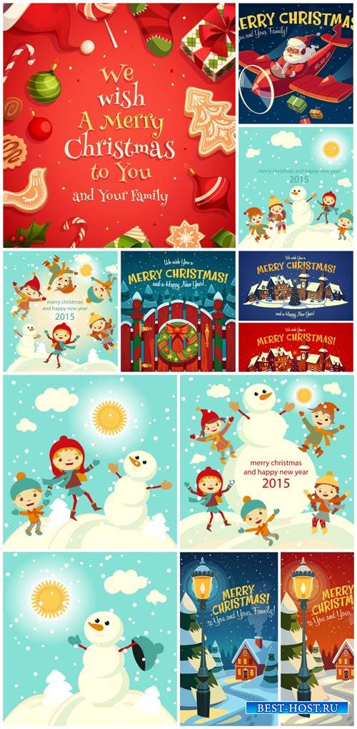 Christmas vector, kids and snowman