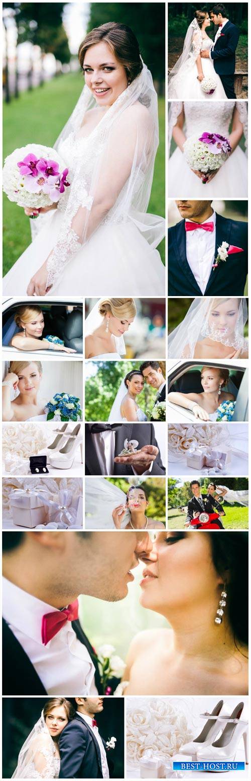 Wedding collage, bride and groom, wedding attributes - stock photos