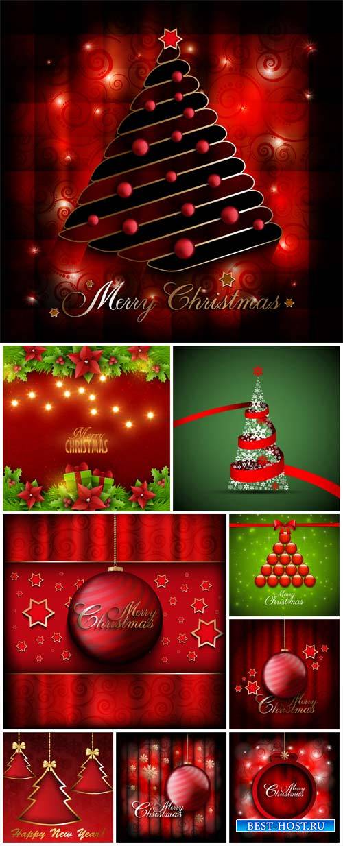 Christmas vector, red and green backgrounds with Christmas trees and Christmas decorations