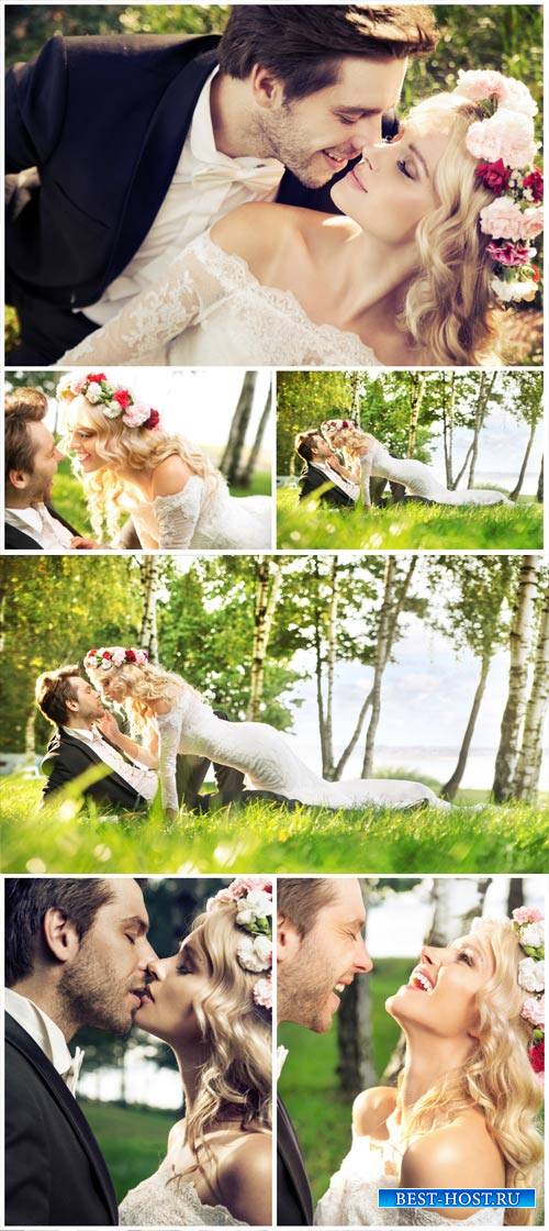 Loving couple on nature, birch grove - Stock Photo