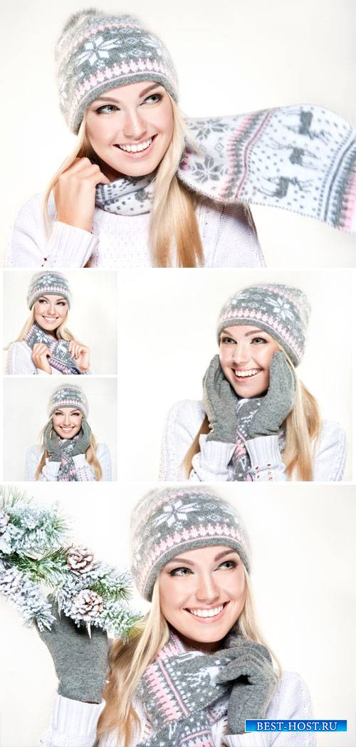 Beautiful blonde girl in hat and scarf - winter stock photos