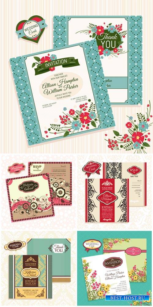 Wedding invitation with flowers and vintage pattern, vector