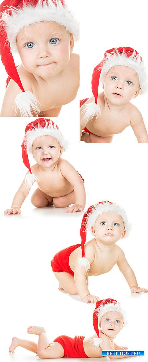 New Year`s baby, baby in santa hat - stock photos