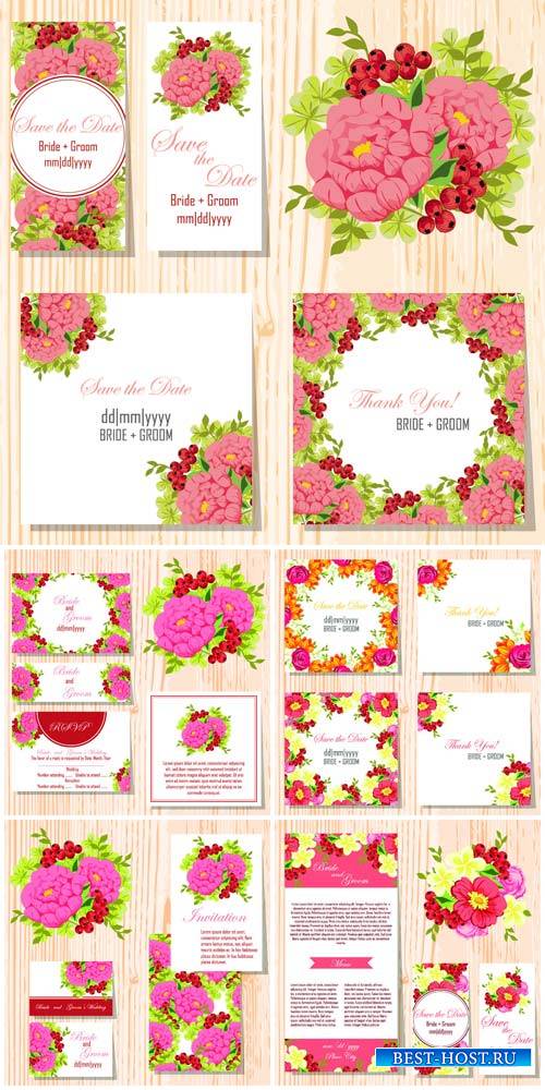 Wedding invitation with flowers, vector card