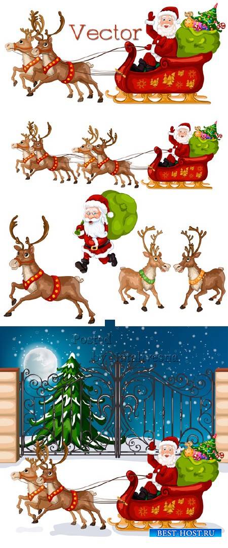 Подборка векторного клипарта – Рождественская упряжка оленей и Санта