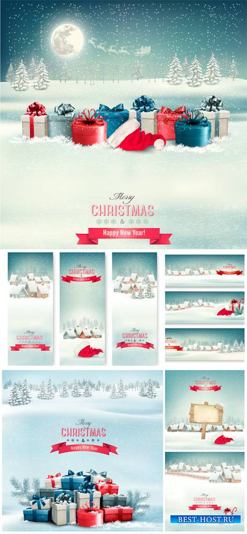 Christmas vector winter background with houses