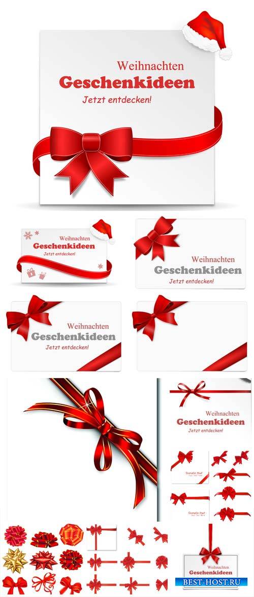 Holidays white cards with red ribbons, vector