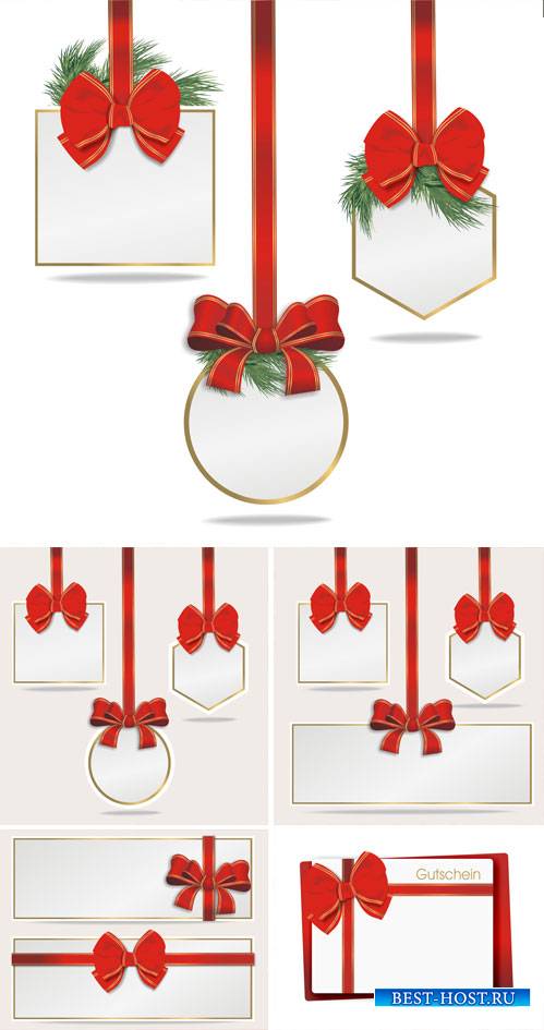 Holidays white cards with red ribbons, vector #2