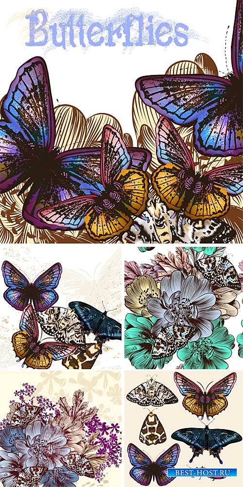 Beautiful butterflies, vector backgrounds with flowers