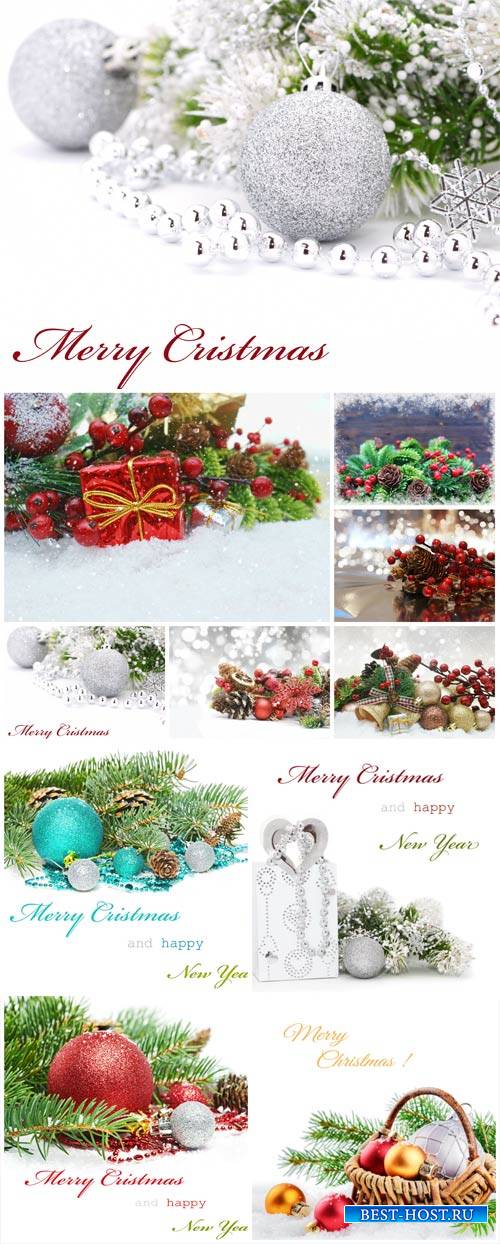 Christmas composition, Christmas tree and glittering balls - stock photos
