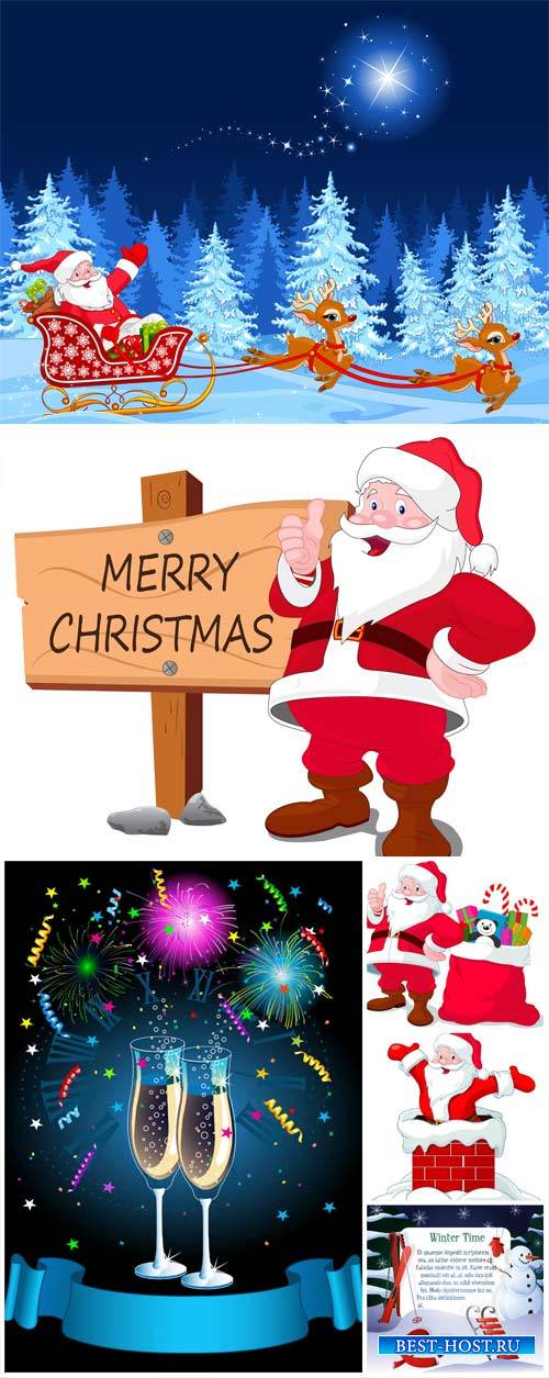 Christmas and New Year, vector winter background with santa