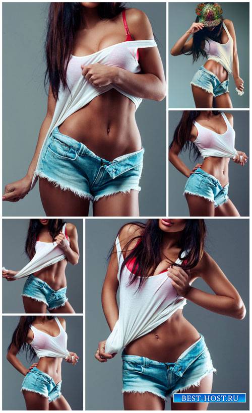 Girl in a white T-shirt and denim shorts - stock photos