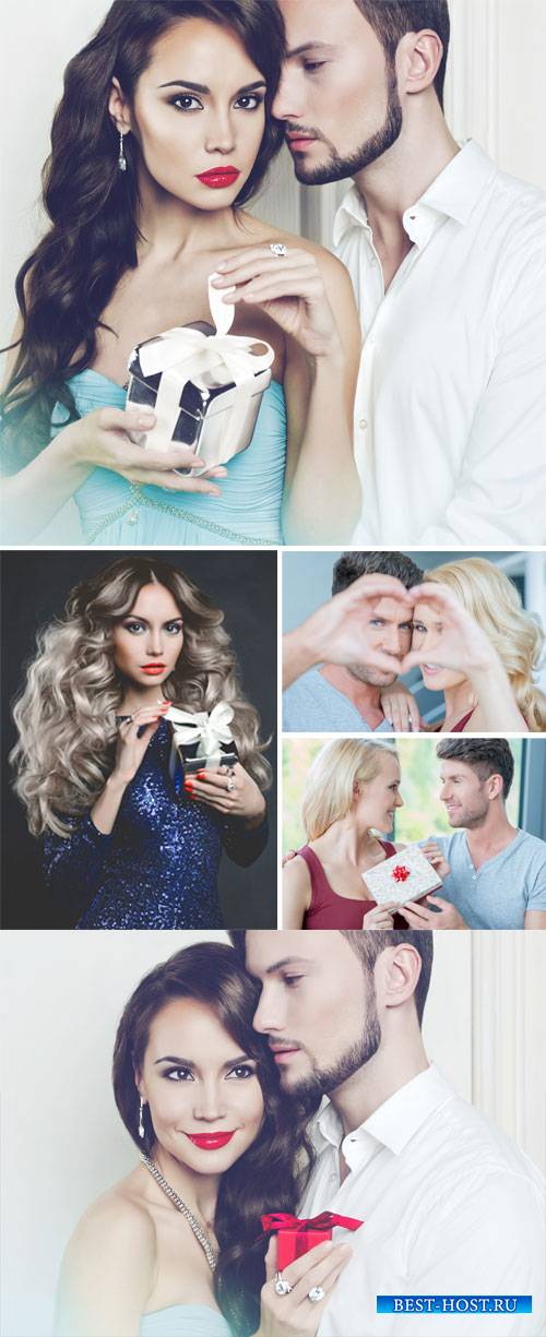 Couples, girl with a gift - Stock Photo