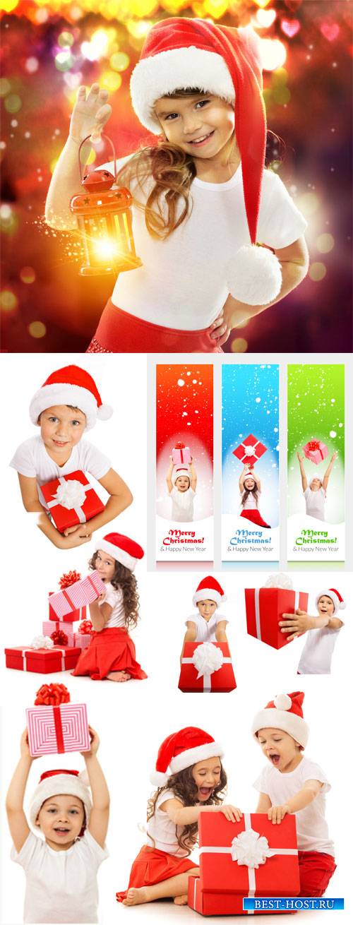 Children with New Year gifts, Christmas - stock photos