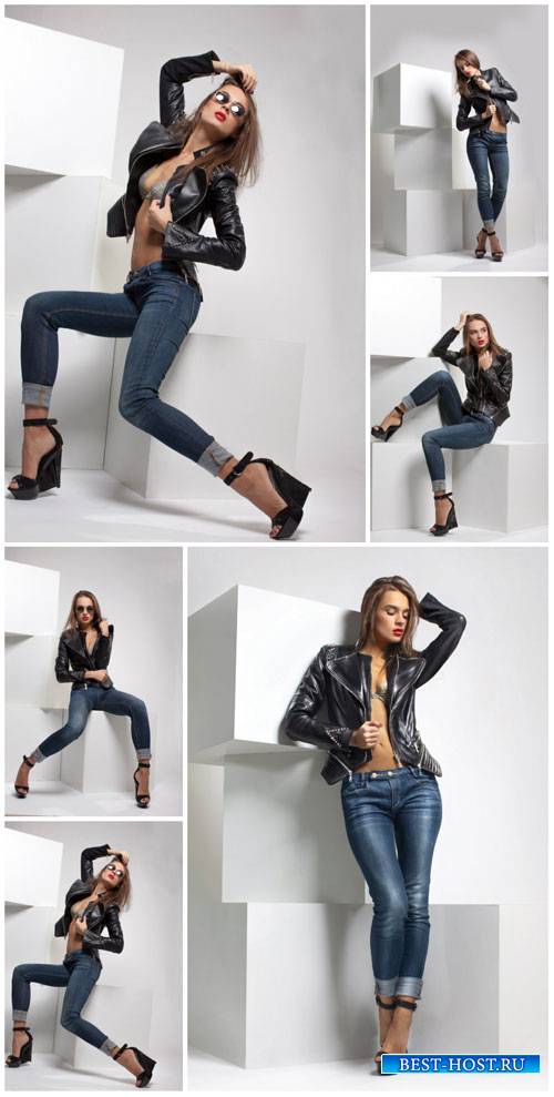 Girl in jeans and a leather jacket - Stock Photo