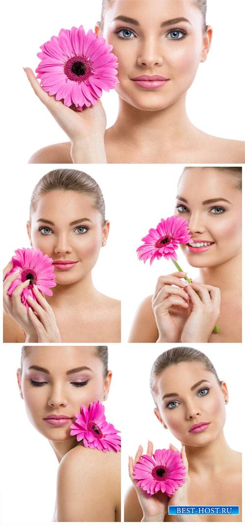Girl with pink flower - stock photos