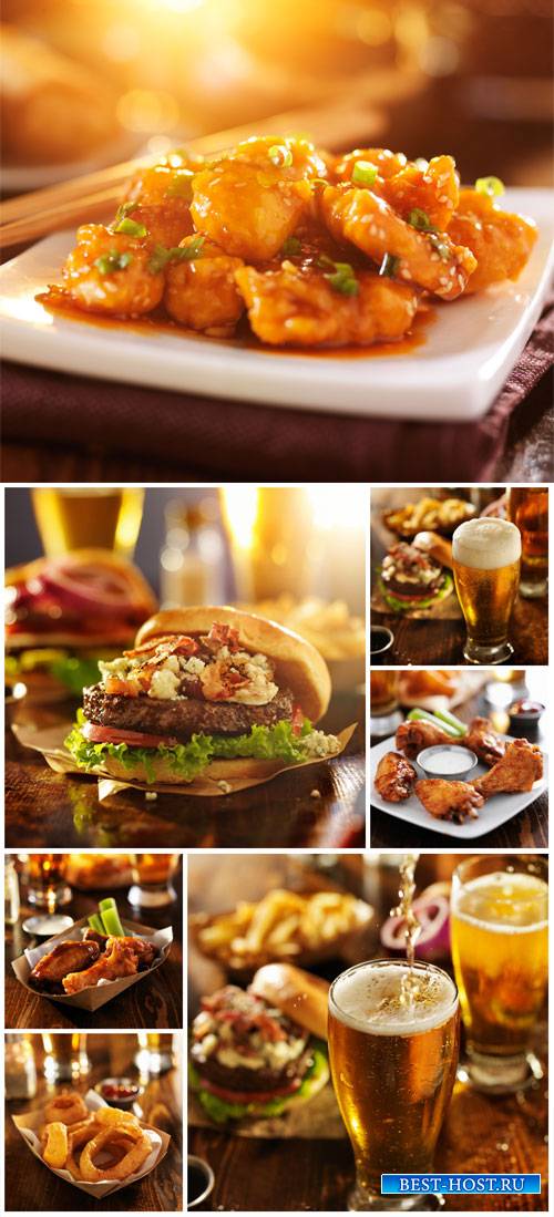 Delicious food and beer, chicken - stock photos