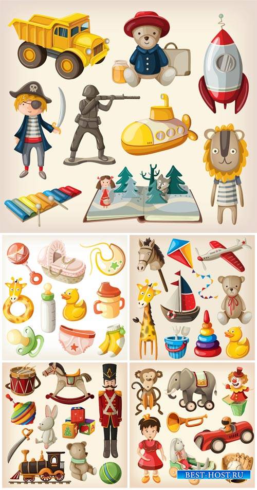 Children's toys vector, pyramid, cars and dolls