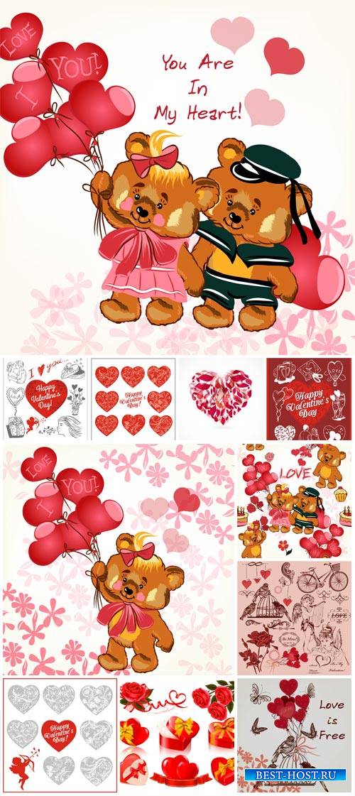 Valentine's Day vector hearts, funny bears