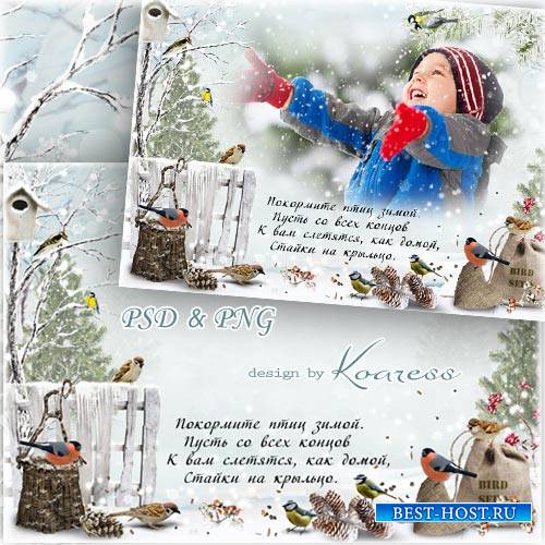 Детская зимняя открытка с фоторамкой - Покормите птиц зимой