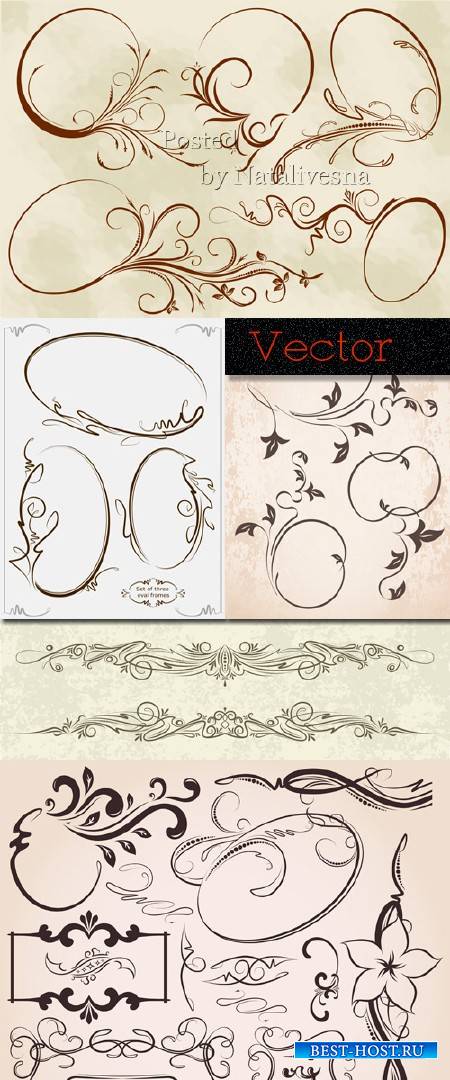 Декоративные овальные рамки и элементы узоров для дизайна в Векторе
