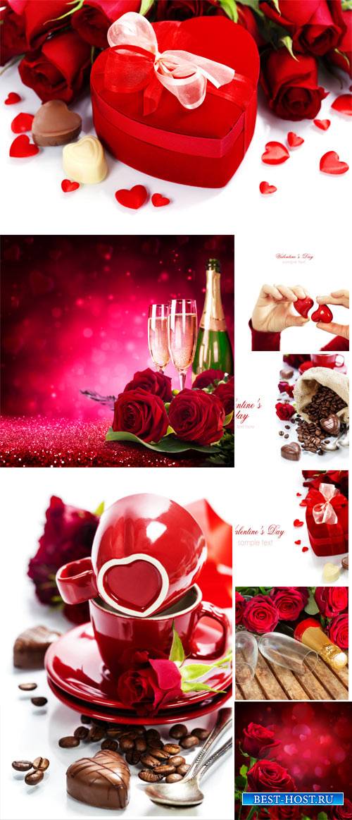 Valentine's Day, roses, champagne and hearts - stock photos