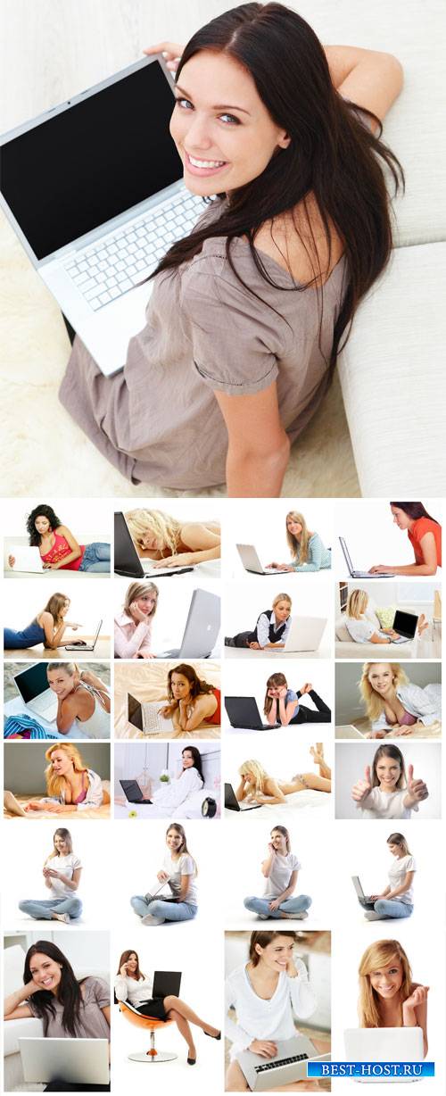 Girls with a laptop, modern technology - stock photos