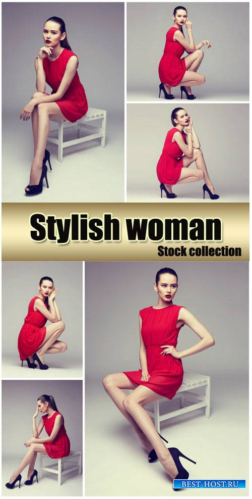 Fashionable girl in the stylish red dress - Stock Photo