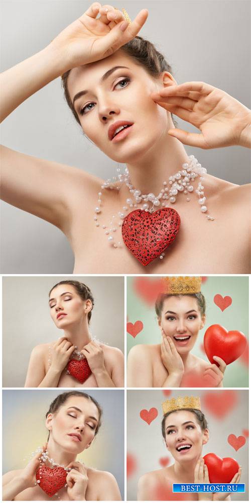 Beautiful woman with red heart - Stock Photo