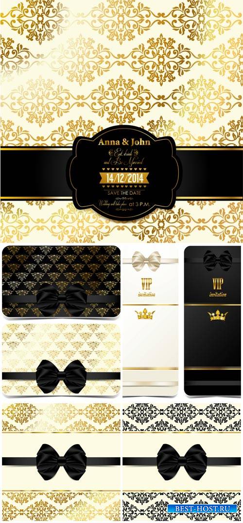 Vector VIP card with black ribbons, background with gold pattern