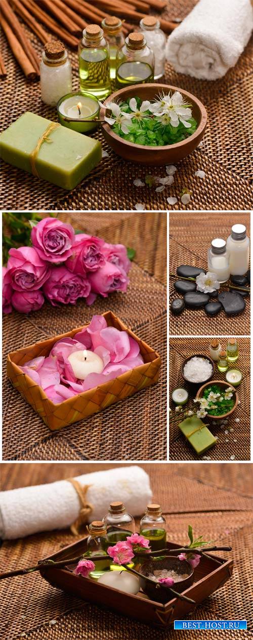 Spa background, aroma oils, spa stones and candles - stock photos