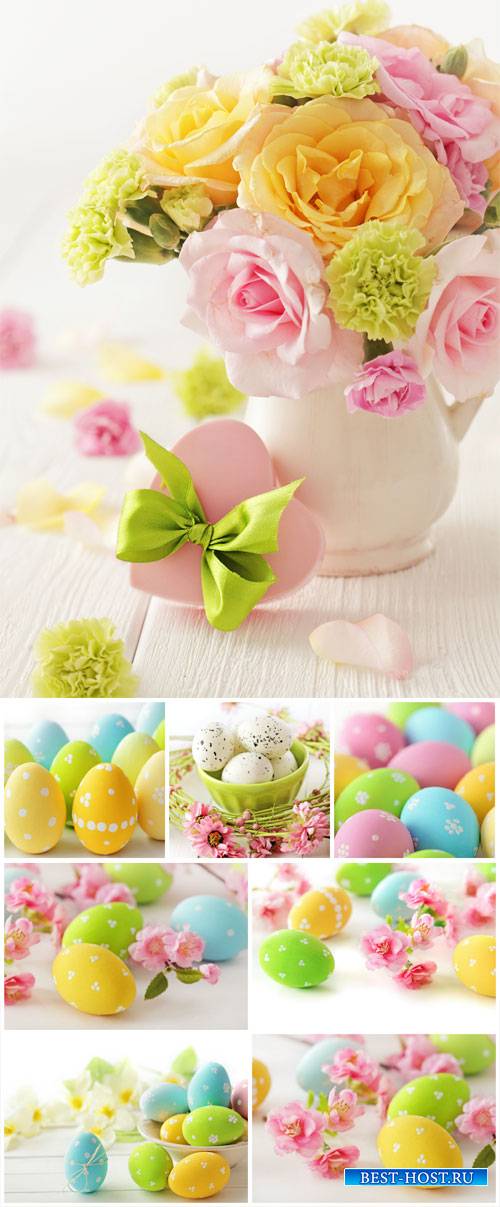 Easter background with eggs and flowers - Stock Photo