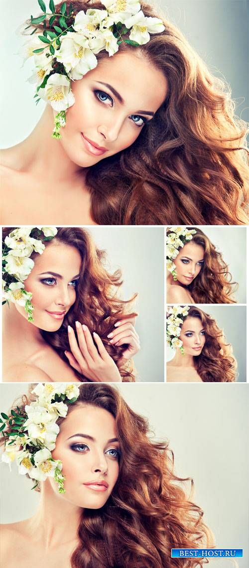 Girl with white flowers in her hair - stock photos