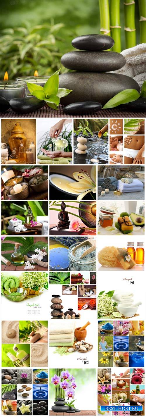 Spa collage, backgrounds with aromatic oils, spa stones and candles - stock ...