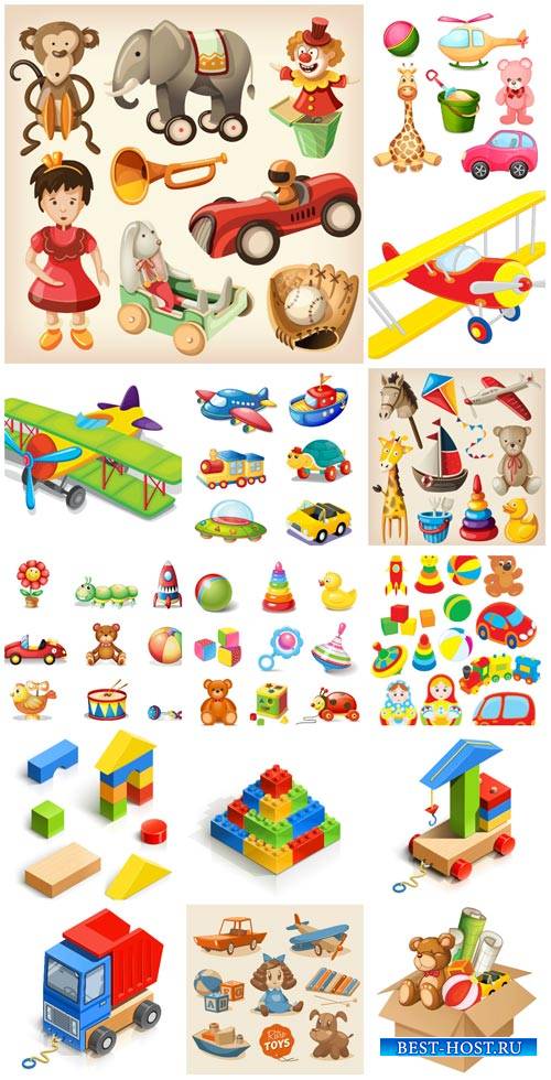 Children's toys vector, constructor, dolls, cars