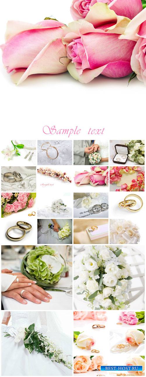 Wedding collage, flowers, bride and groom - stock photos