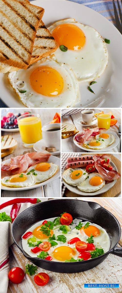 Fried eggs with sausage and toast, breakfast - stock photos