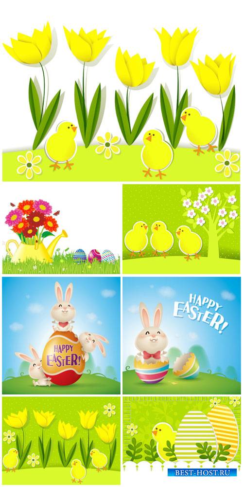 Easter vector, chickens, rabbit and flowers