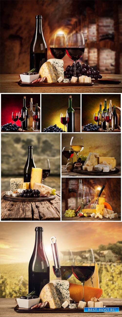 Wine, cheese, olives - Stock photo