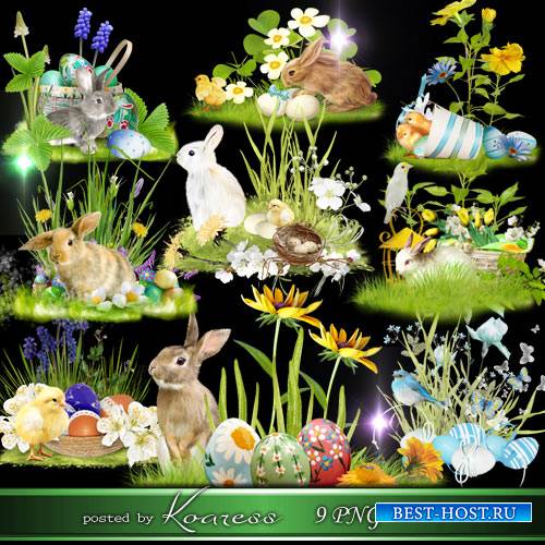 Пасхальные кластеры-полянки на прозрачном фоне с кроликами, цветами, крашенками - Счастливой Пасхи