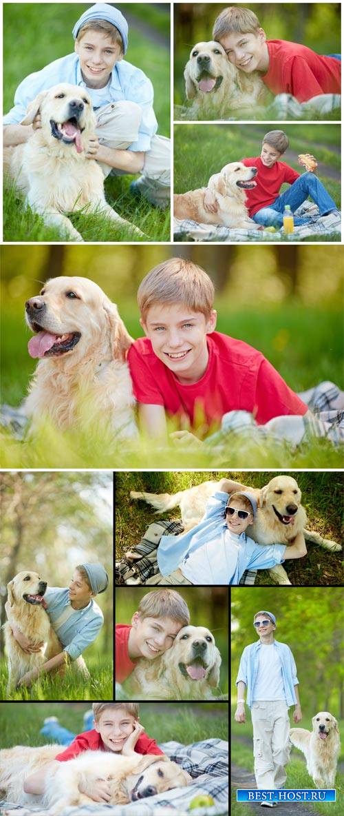 Boy with a dog in nature - stock photos