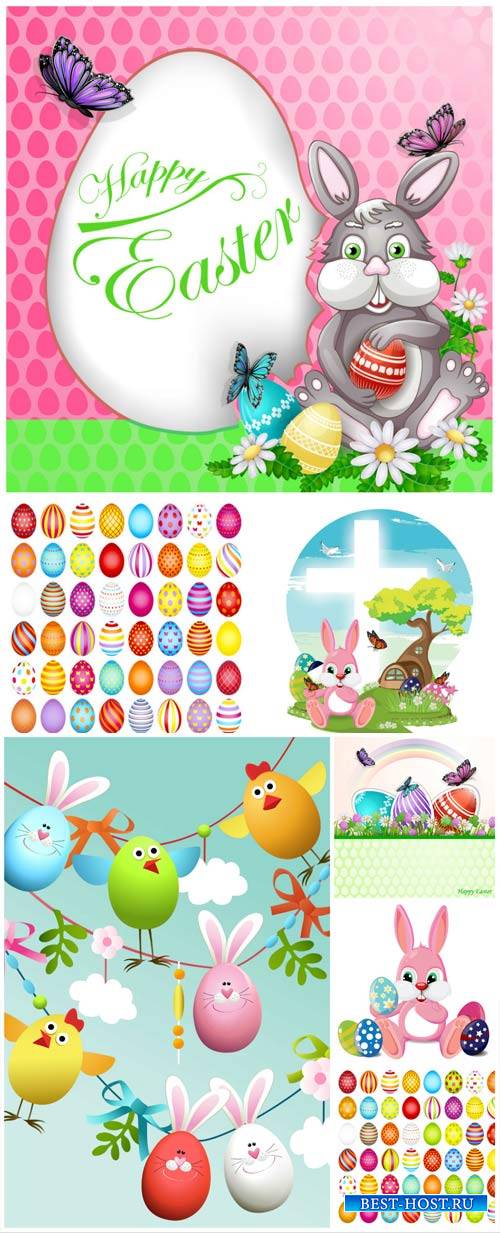 Happy Easter, Easter eggs, bunnies and flowers vector