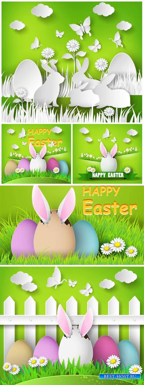 Happy Easter, Easter eggs and bunnies on a green background vector