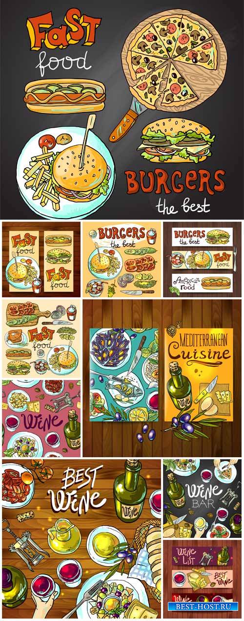 Food labels, vector backgrounds with different food