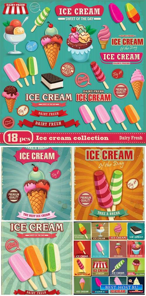 Ice cream, vector labels in vintage style