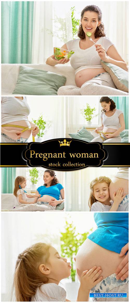 Pregnant woman with little daughter - stock photos