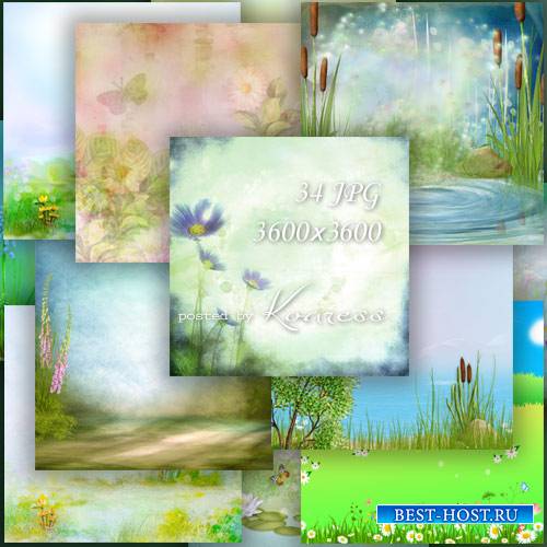 Набор jpg фонов для дизайна с цветами и полянами - в лесу, на поле, на реке