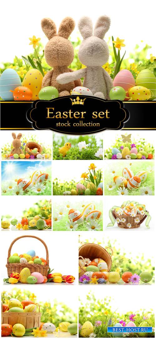 Easter set with flowers and easter eggs