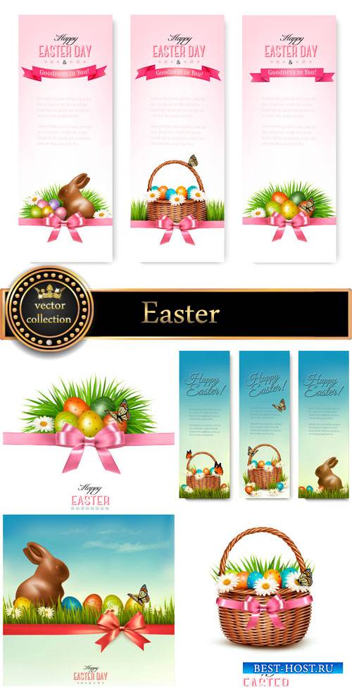Easter basket with Easter eggs and flowers vector